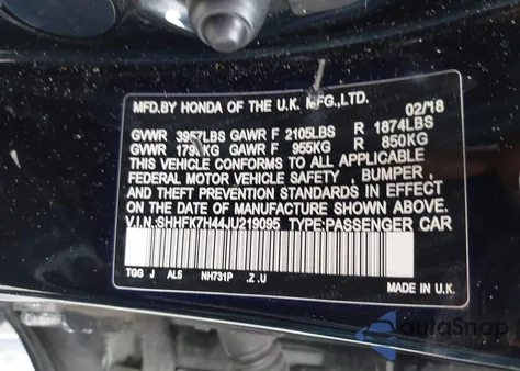 2018 Honda Civic Sport from USA, damaged, VIN SHHFK7H44JU219095